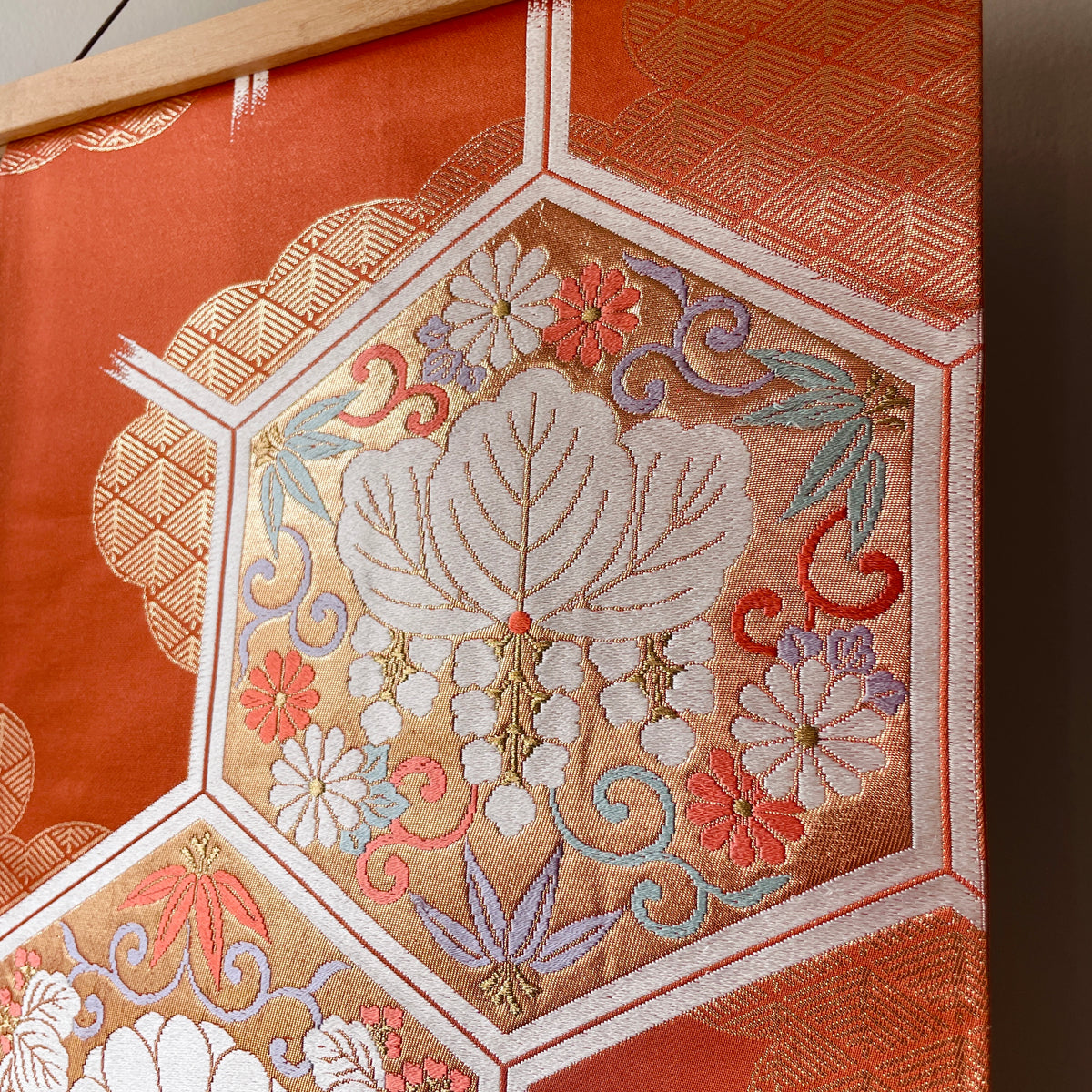 Obi Decoration Wall Art in Salmon Orange Embroidered Silk
