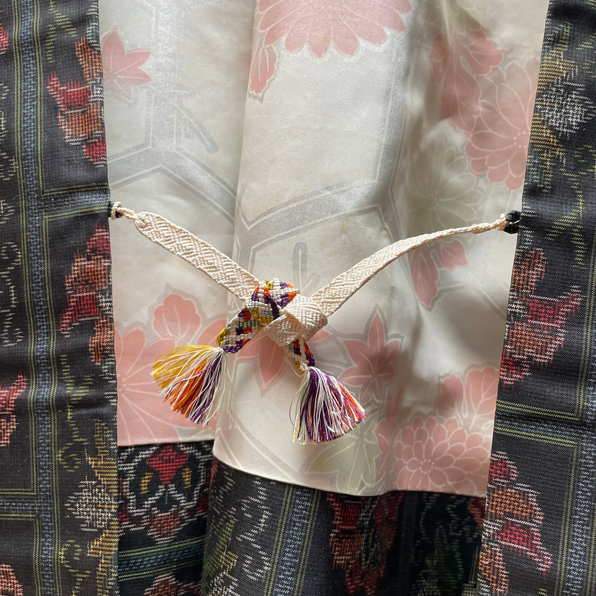 Haori Jacket Oshima Silk Flowers in Black and Red