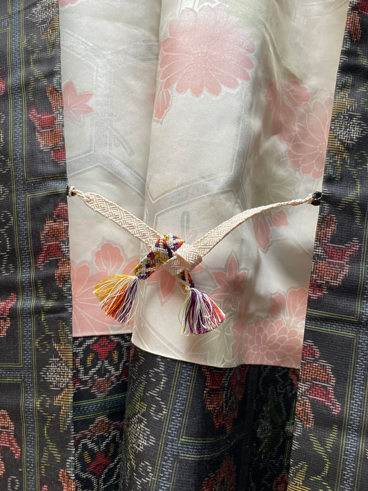 Haori Jacket Oshima Silk Flowers in Black and Red