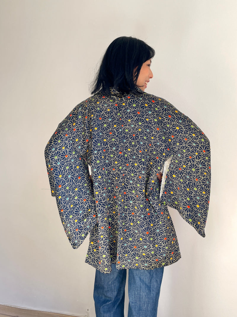 Haori Confetti Dark Blue with Flowers Pattern made in Shibori Technique in Silk