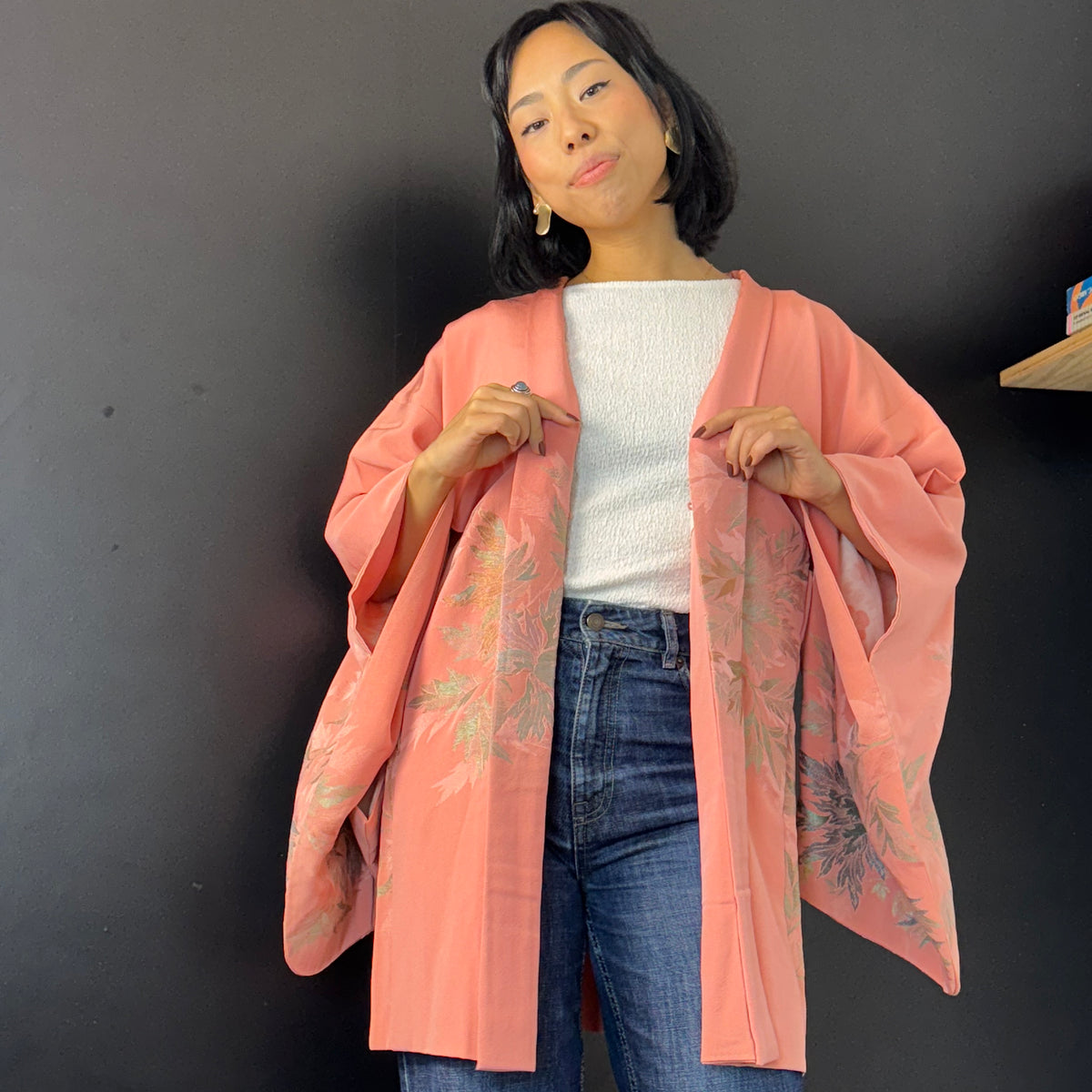 Haori Pink with Metallic Flowers Embroidered in Silk Crepe