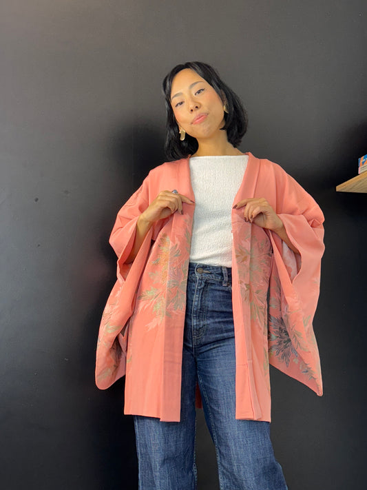 Haori Pink with Metallic Flowers Embroidered in Silk Crepe