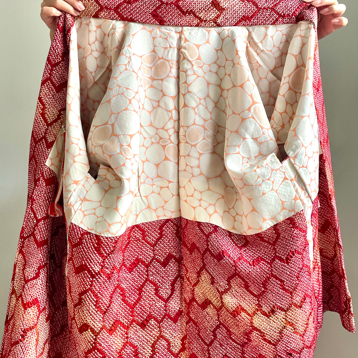Haori Red Crayon Shibori Technique Geometric in Silk