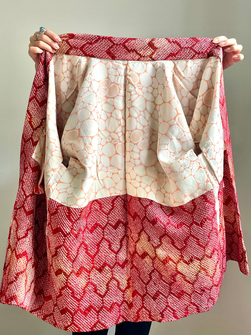 Haori Red Crayon Shibori Technique Geometric in Silk