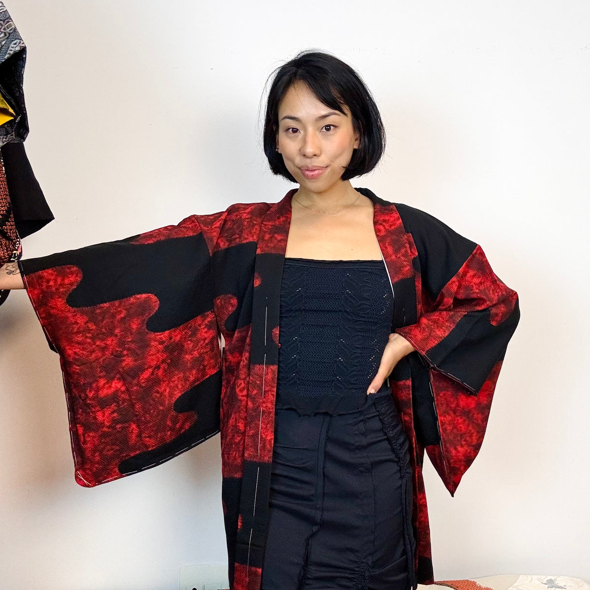 Haori Black with Red Clouds made in Shibori Technique in Silk
