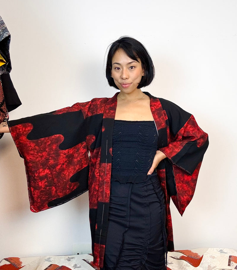 Haori Black with Red Clouds made in Shibori Technique in Silk