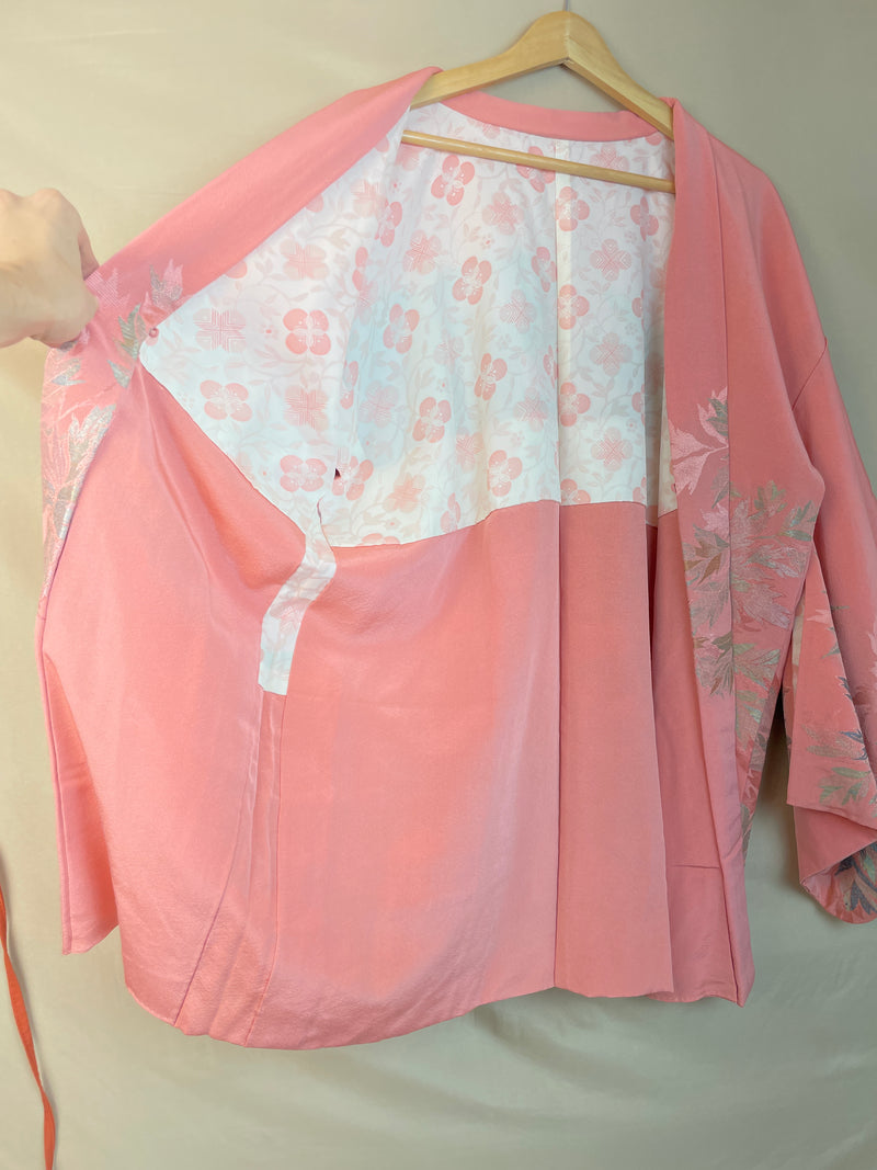 Haori Pink with Metallic Flowers Embroidered in Silk Crepe