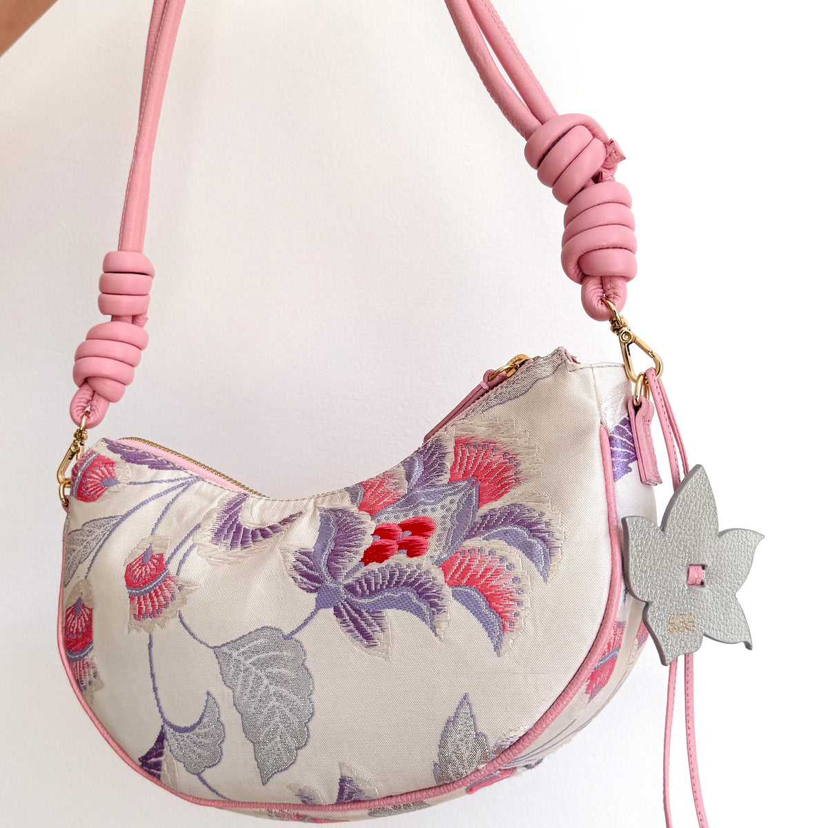 Aiko Bag: Metallic Pink and Blue Peacock and Flowers from Embroidered Obi Sash with Pink Leather Strap