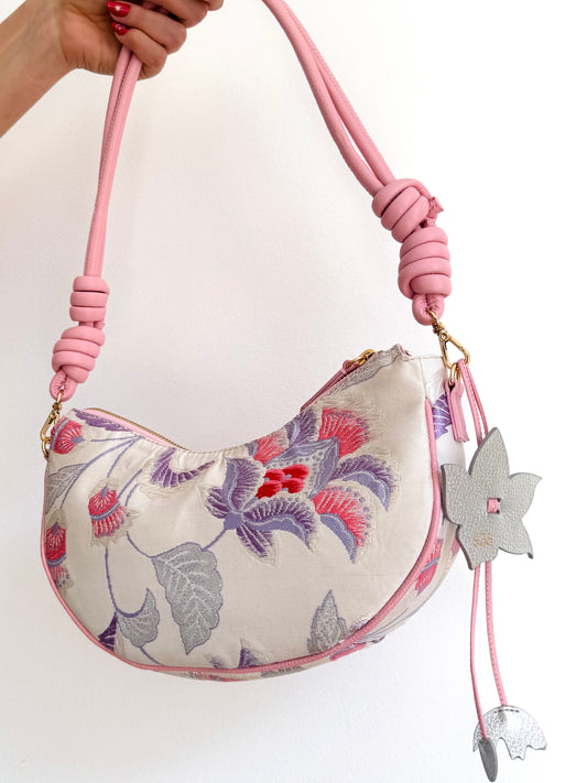 Aiko Bag: Metallic Pink and Blue Peacock and Flowers from Embroidered Obi Sash with Pink Leather Strap