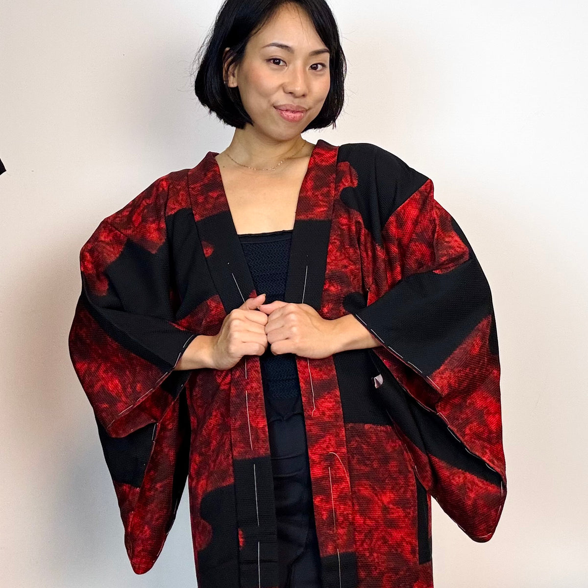 Haori Black with Red Clouds made in Shibori Technique in Silk