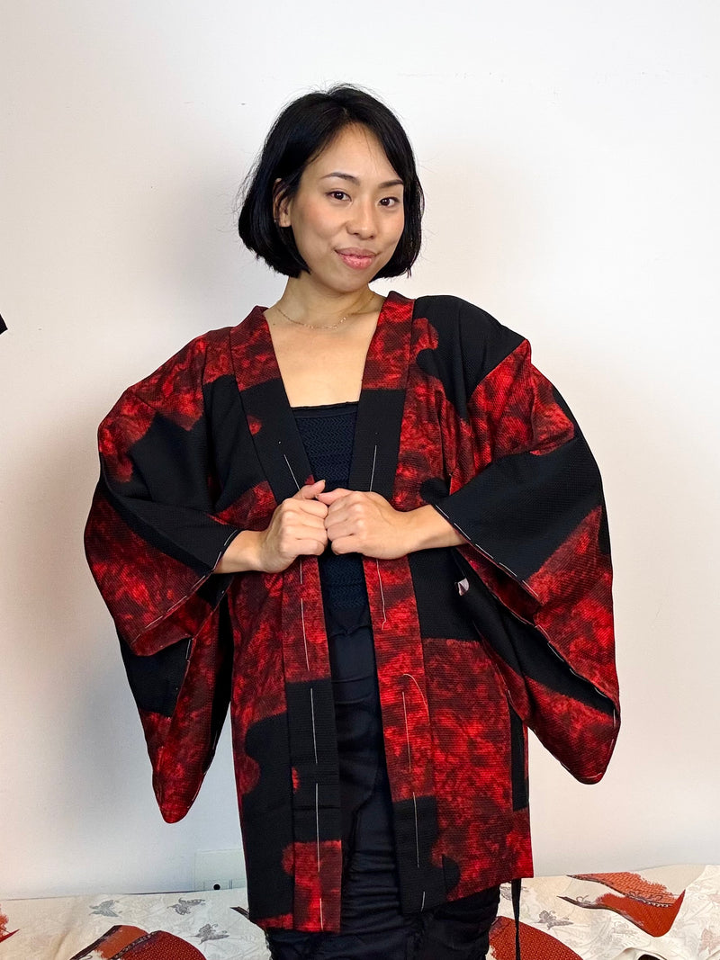 Haori Black with Red Clouds made in Shibori Technique in Silk