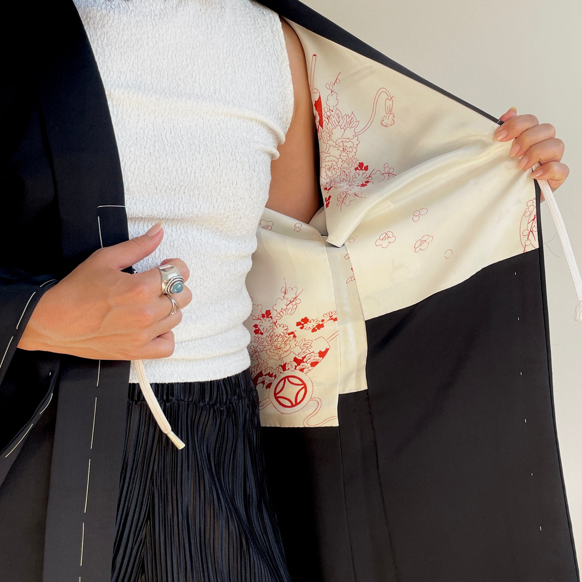 Haori Black with Japanese Fans in Silk