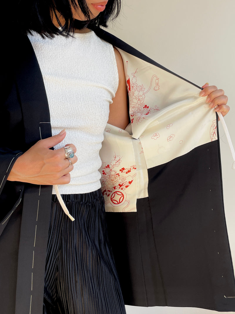 Haori Black with Japanese Fans in Silk