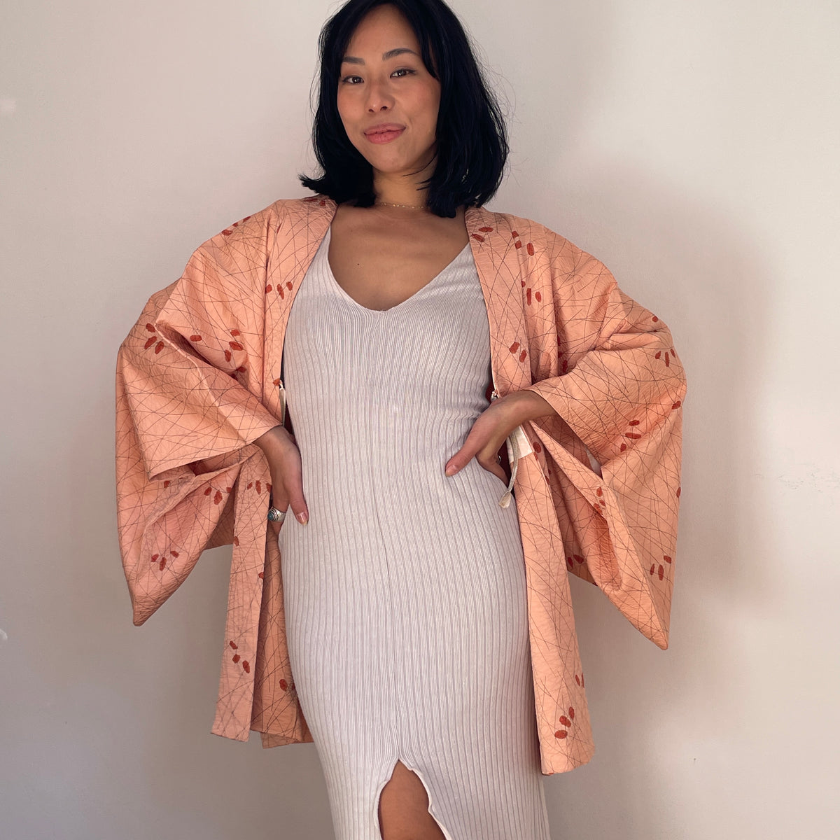 Haori Peach Pink with Shibori Leaves in Silk