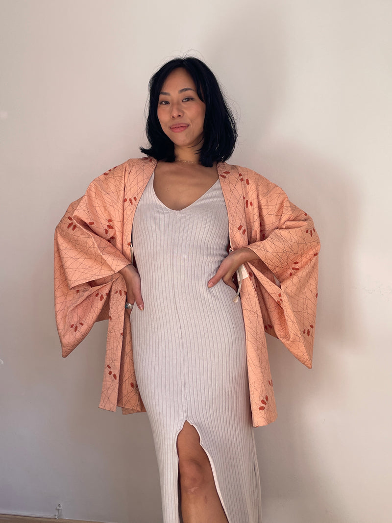 Haori Peach Pink with Shibori Leaves in Silk