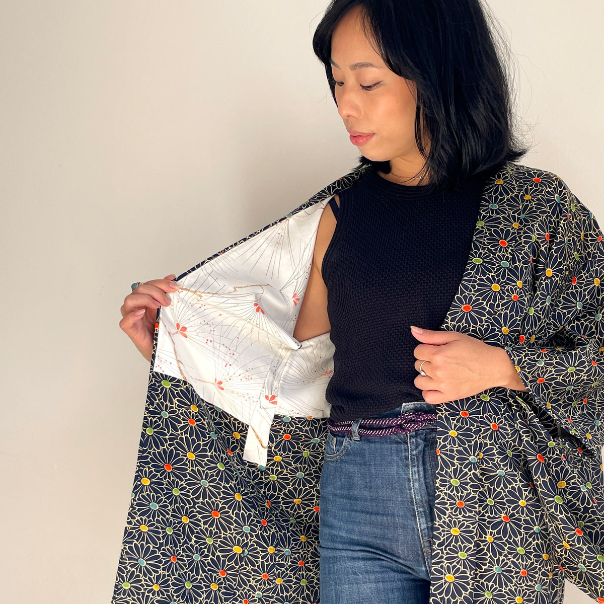 Haori Confetti Dark Blue with Flowers Pattern made in Shibori Technique in Silk