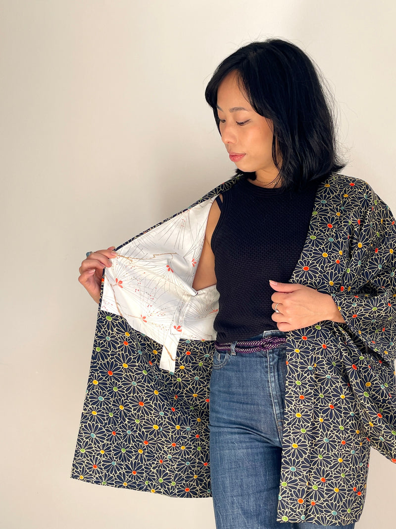 Haori Confetti Dark Blue with Flowers Pattern made in Shibori Technique in Silk