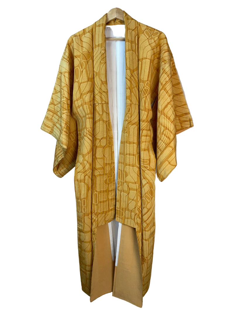 Kimono Mustard Yellow Lines and Forms in Silk with Belt