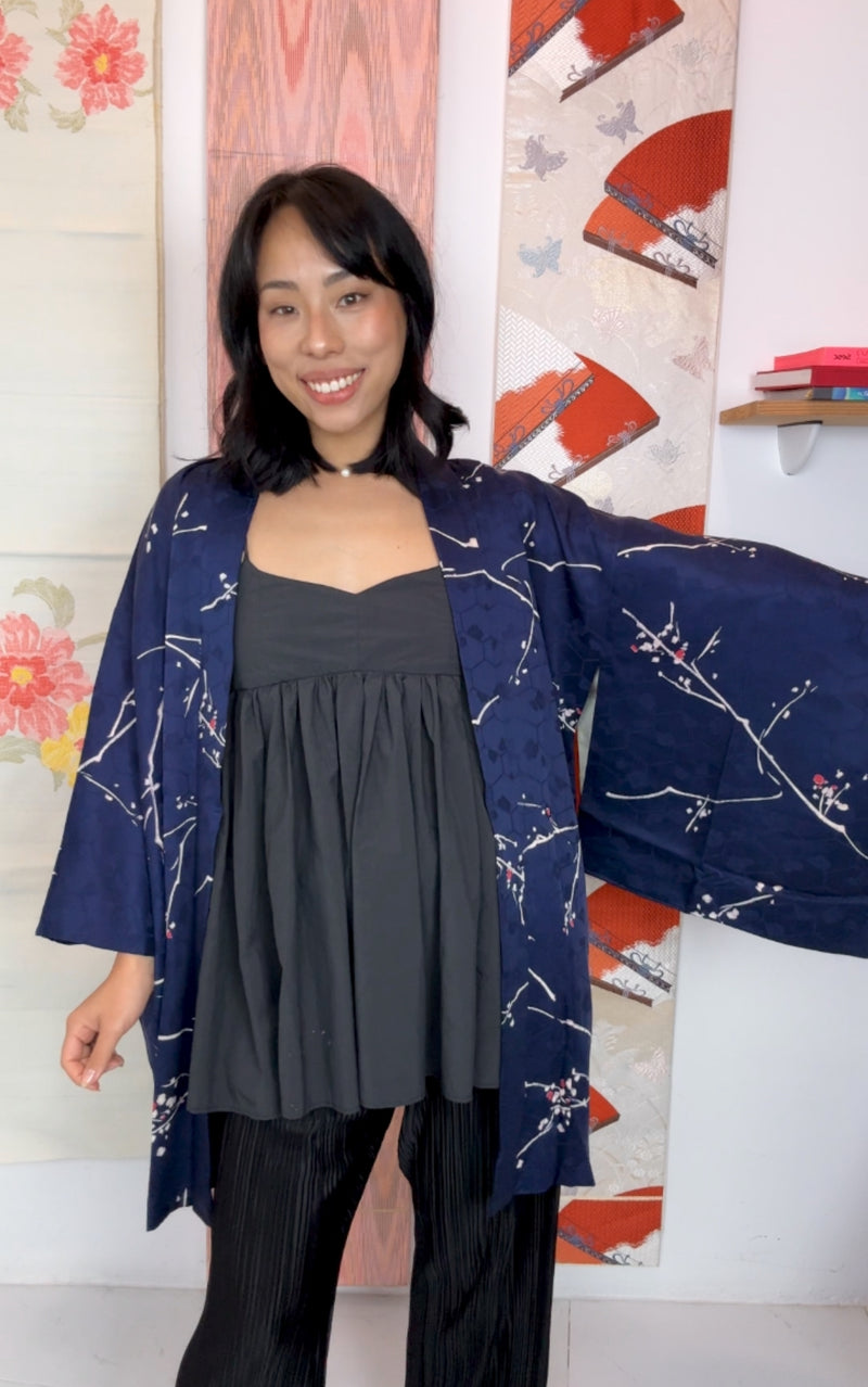 Haori Dark Blue with Beehive Patern and Pink and White Branches in Silk