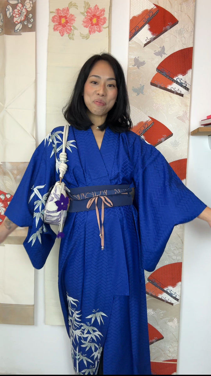 Kimono Single Layer Royal Blue with Painted Bamboo in Silk