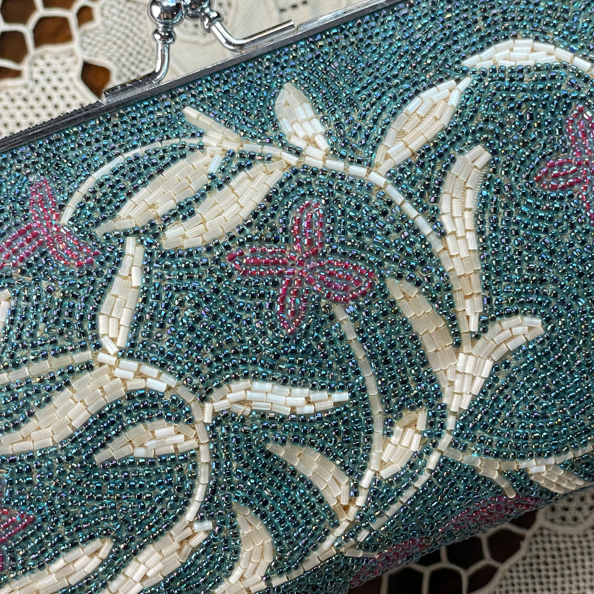 Clutch Vintage Beaded Handbag in Torquoise with Flowers