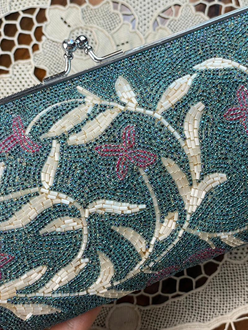 Clutch Vintage Beaded Handbag in Torquoise with Flowers