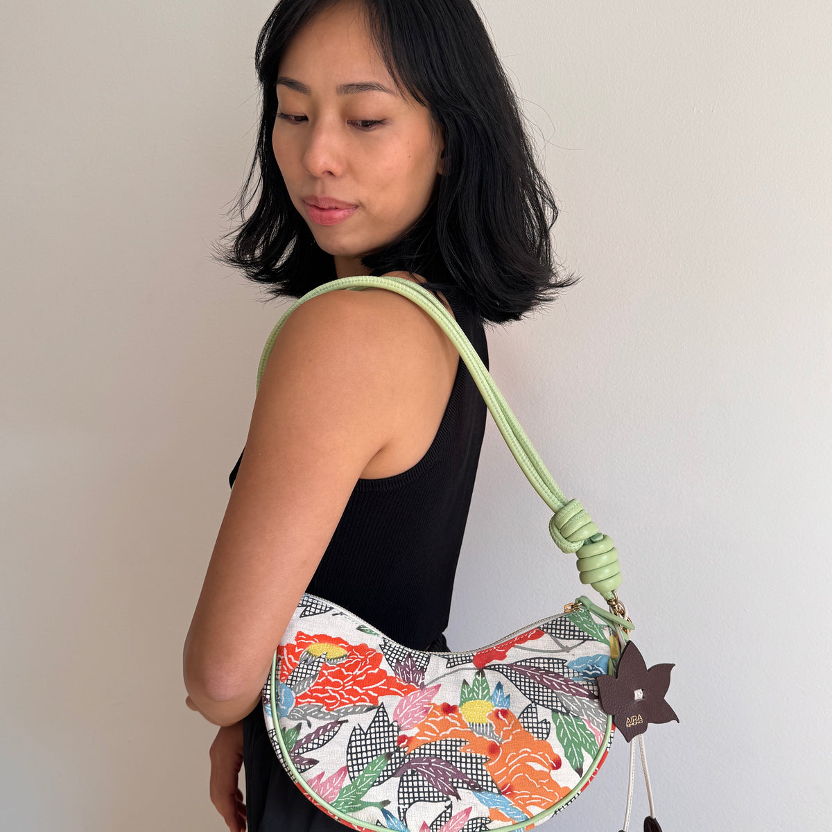 Aiko Bag: Summer Multicolor - from Japanese Obi Sash with Green Leather Strap