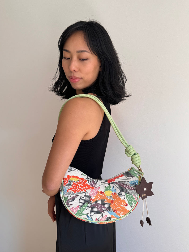 Aiko Bag: Summer Multicolor - from Japanese Obi Sash with Green Leather Strap