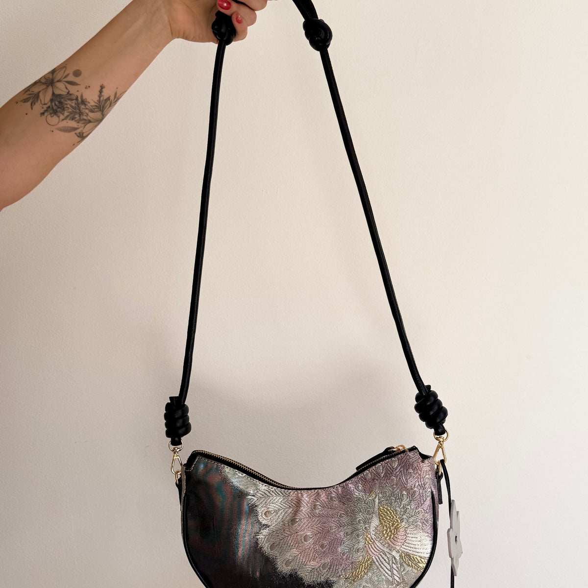 Aiko Bag: Black Metallic Black Peacock from Embroidered Obi Sash with Black Leather Strap