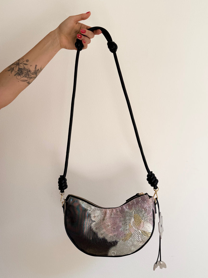 Aiko Bag: Black Metallic Black Peacock from Embroidered Obi Sash with Black Leather Strap