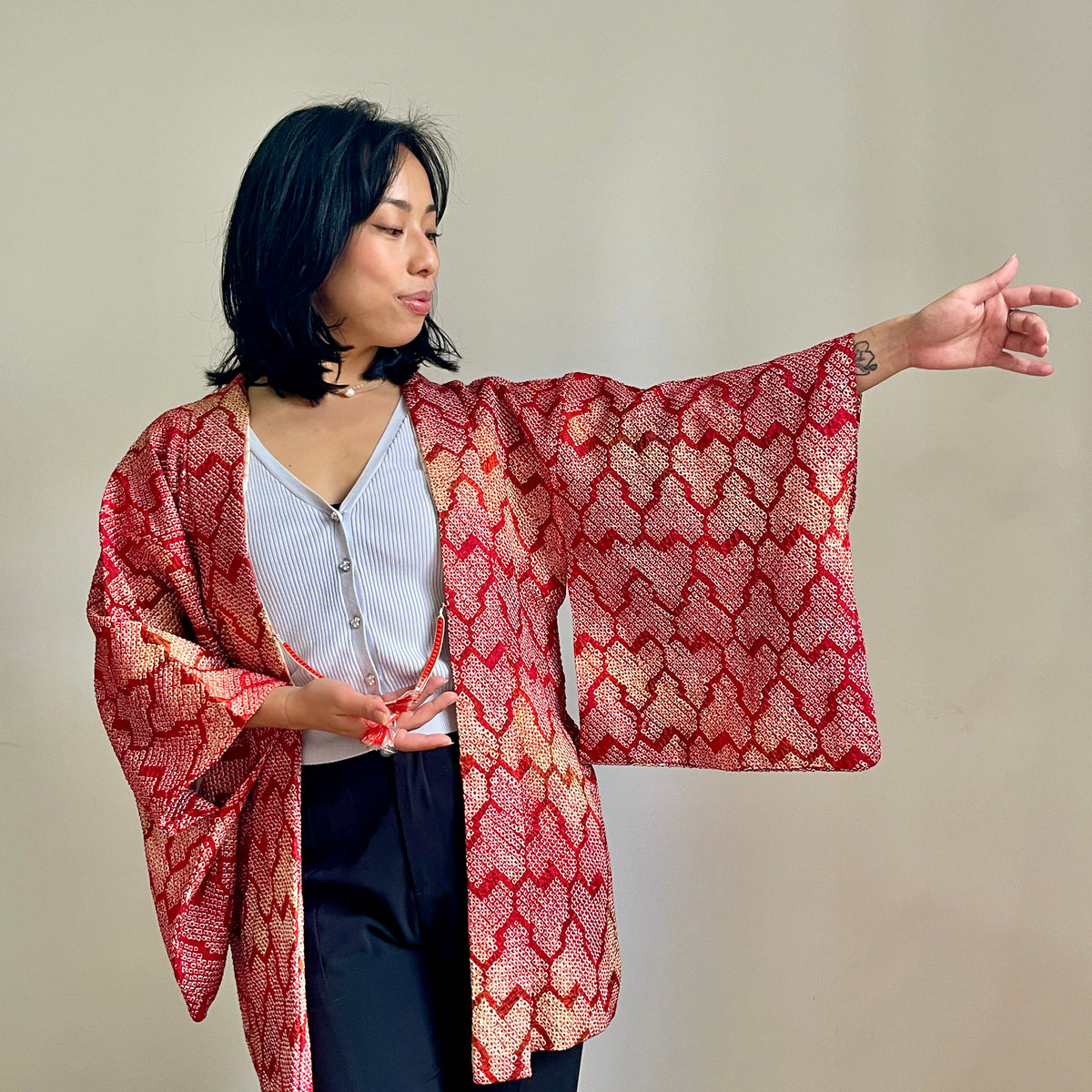 Haori Red Crayon Shibori Technique Geometric in Silk
