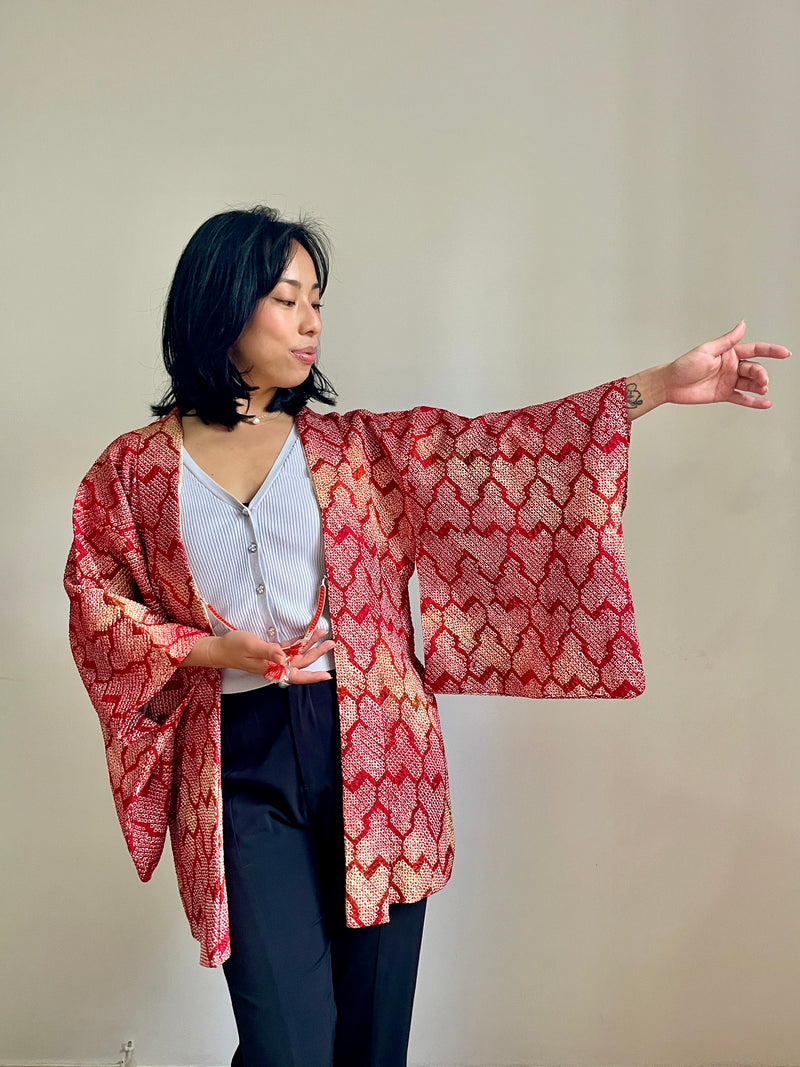 Haori Red Crayon Shibori Technique Geometric in Silk