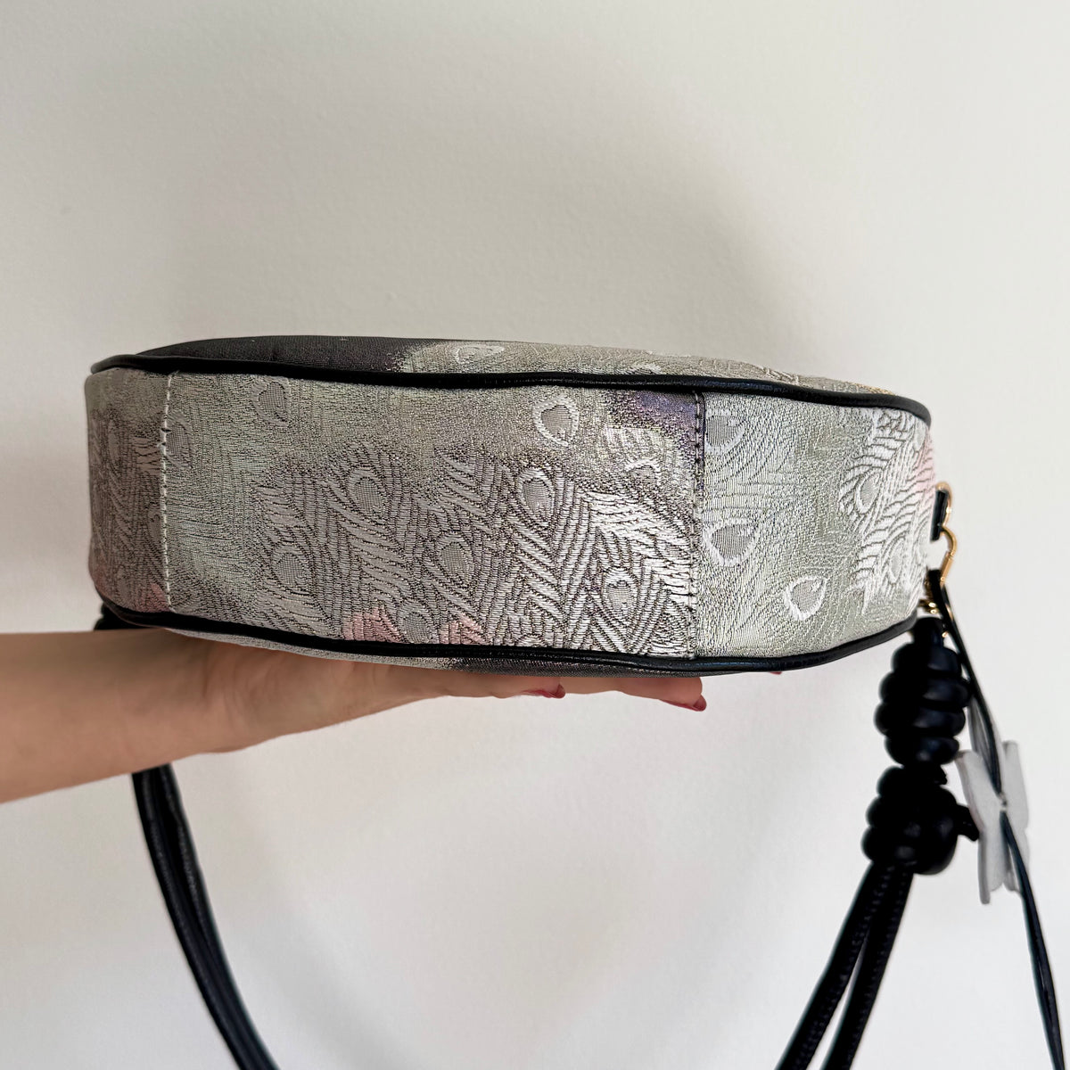 Aiko Bag: Black Metallic Black Peacock from Embroidered Obi Sash with Black Leather Strap