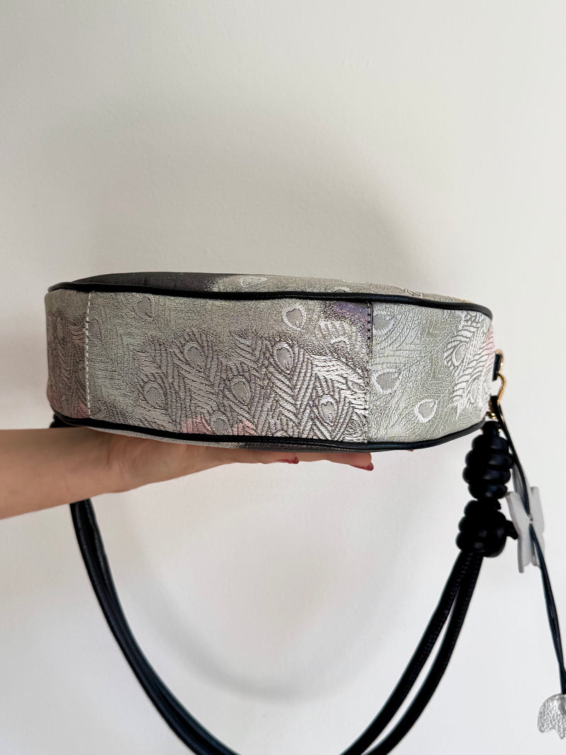 Aiko Bag: Black Metallic Black Peacock from Embroidered Obi Sash with Black Leather Strap