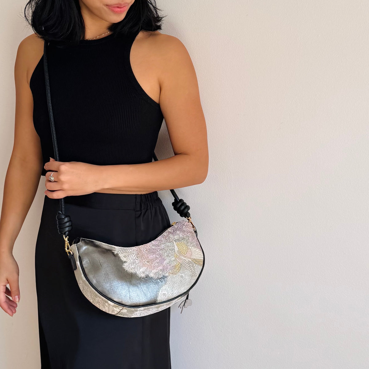 Aiko Bag: Black Metallic Black Peacock from Embroidered Obi Sash with Black Leather Strap