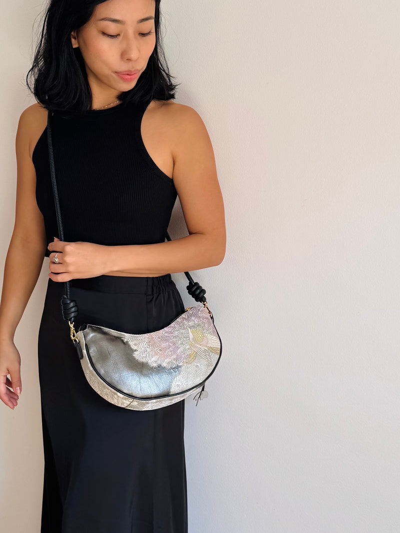 Aiko Bag: Black Metallic Black Peacock from Embroidered Obi Sash with Black Leather Strap