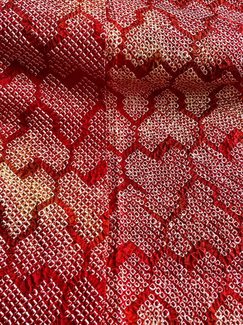 Haori Red Crayon Shibori Technique Geometric in Silk