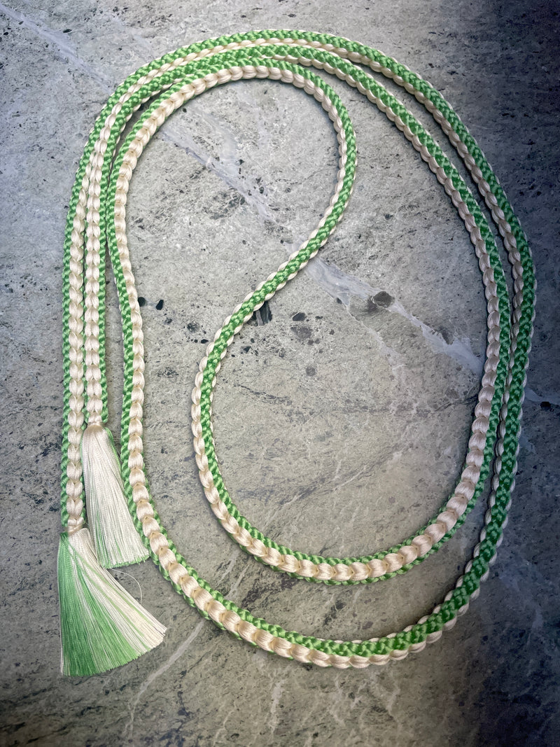 Obijime Belt Round Braid Green and White in Silk