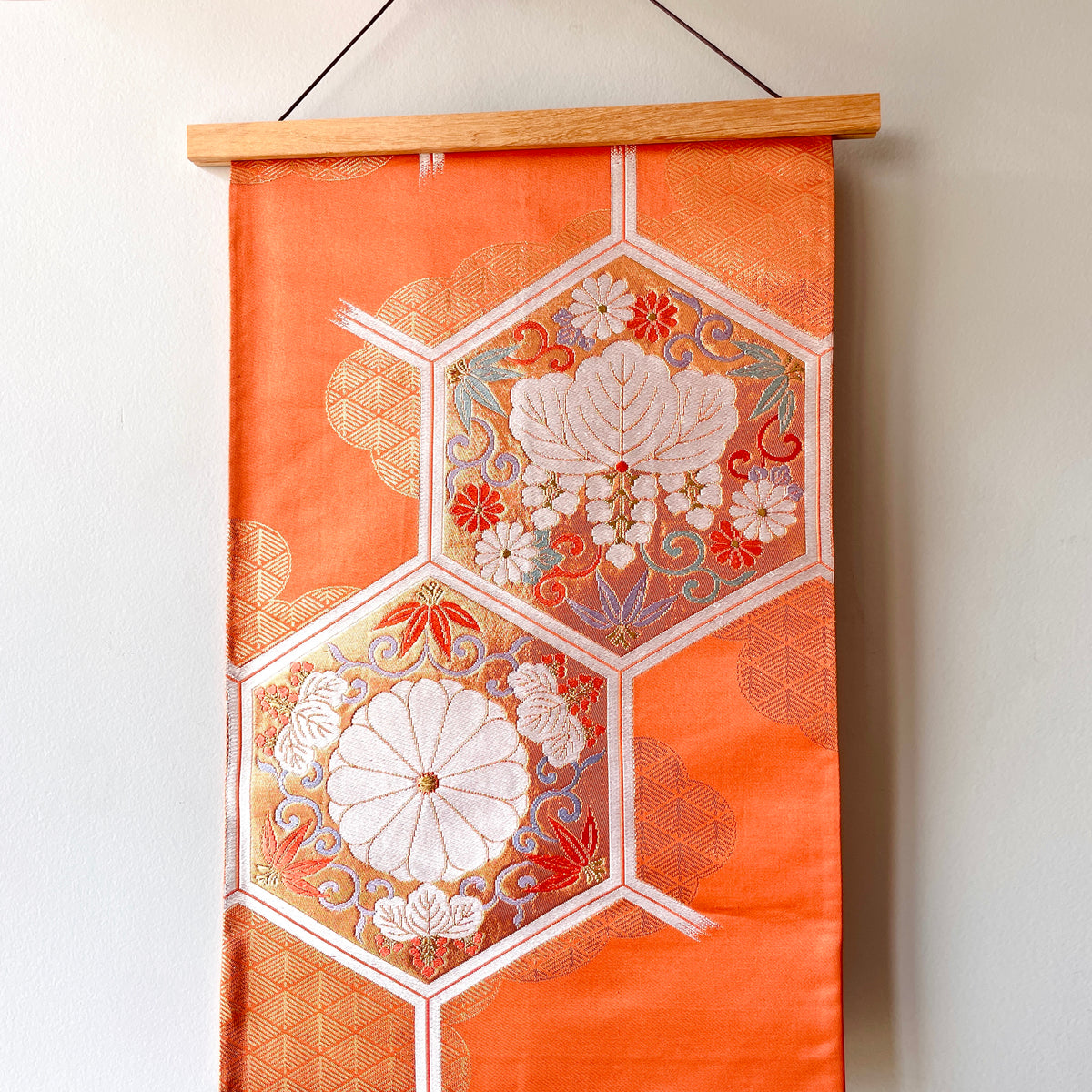 Obi Decoration Wall Art in Salmon Orange Embroidered Silk