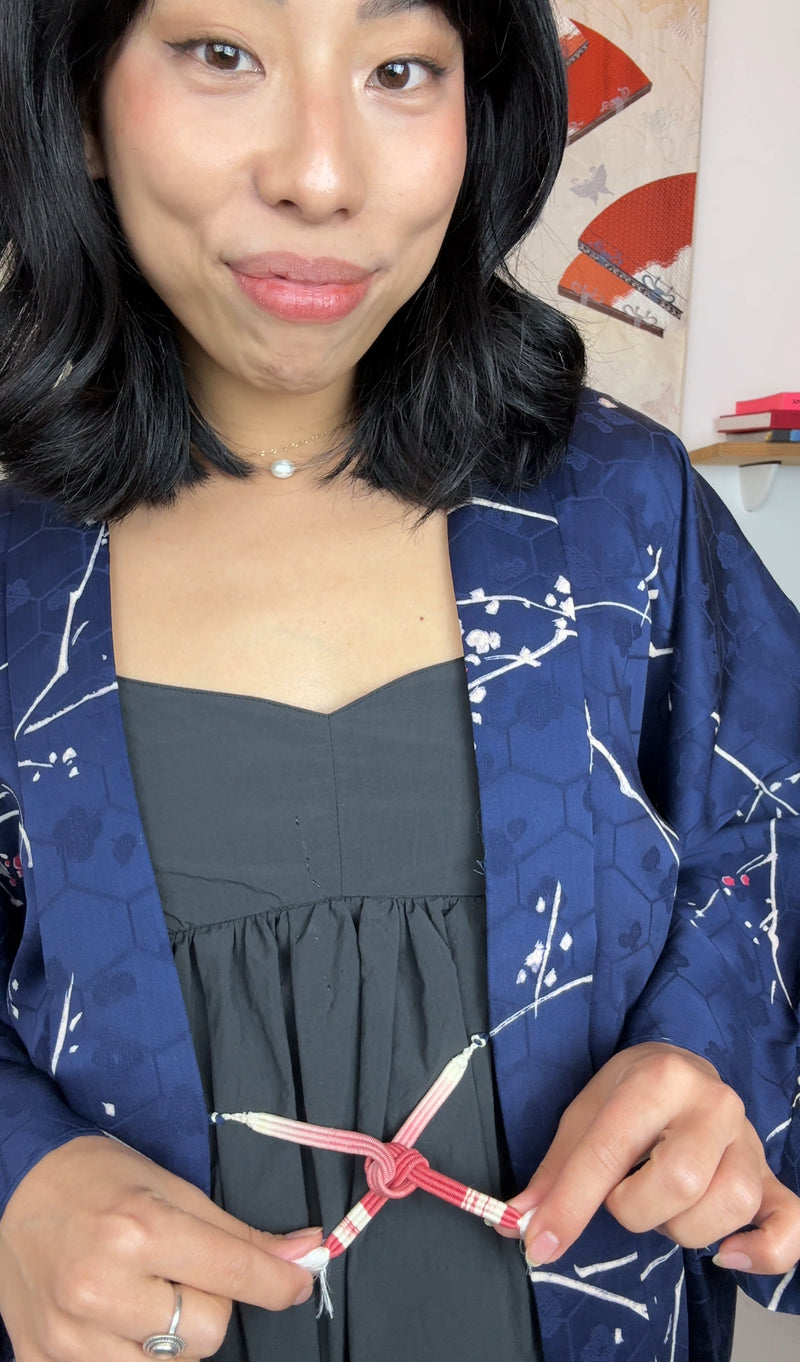 Haori Dark Blue with Beehive Patern and Pink and White Branches in Silk