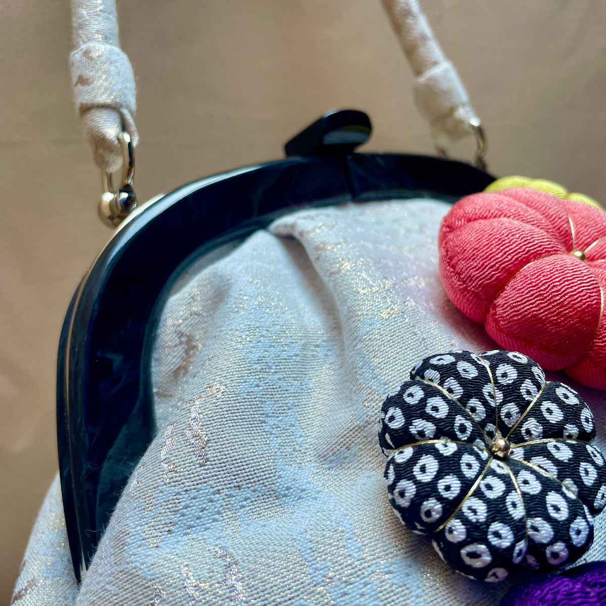 Japanese Handbag with Chirimen Flowers in Kimono Fabric