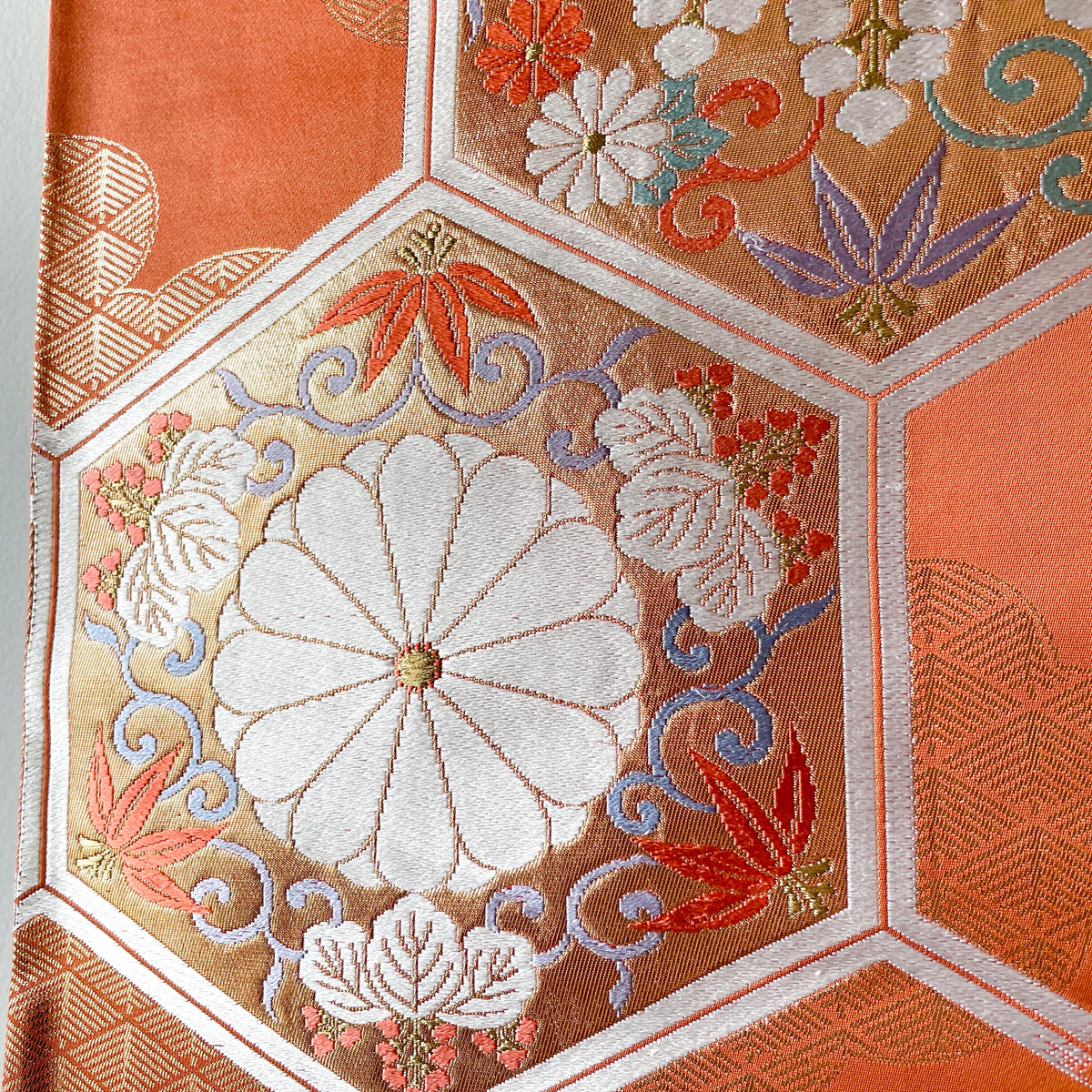 Obi Decoration Wall Art in Salmon Orange Embroidered Silk