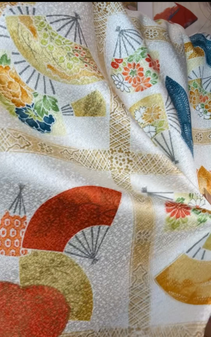 Kimono Japanese Tiles with Fans and Flowers in Silk