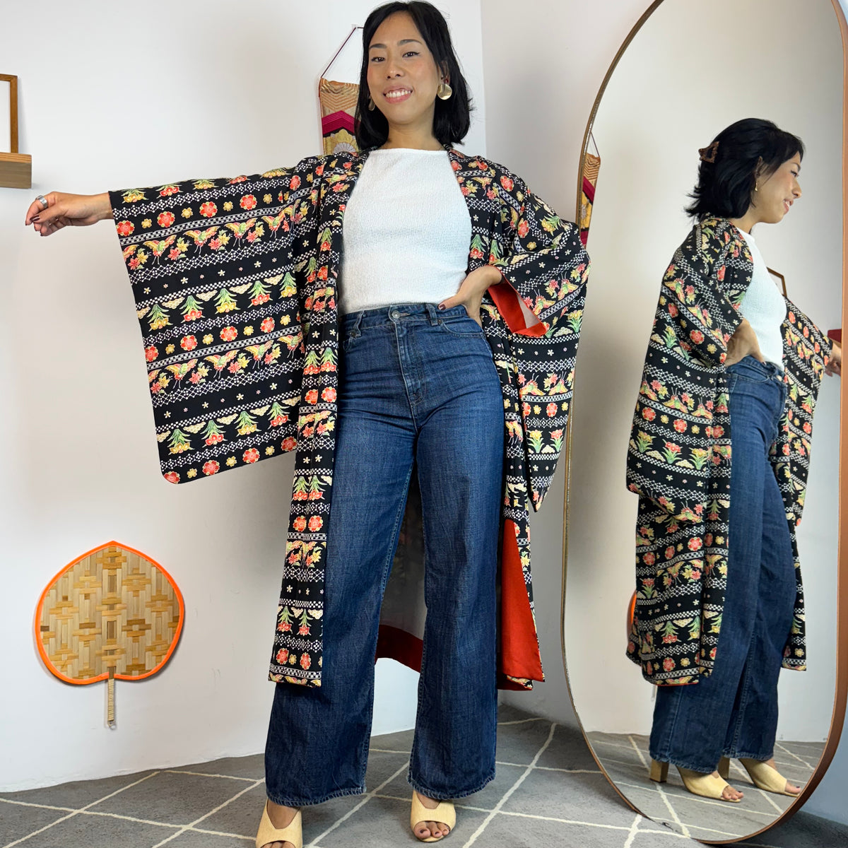 Kimono Black Summer with Red and White in Silk