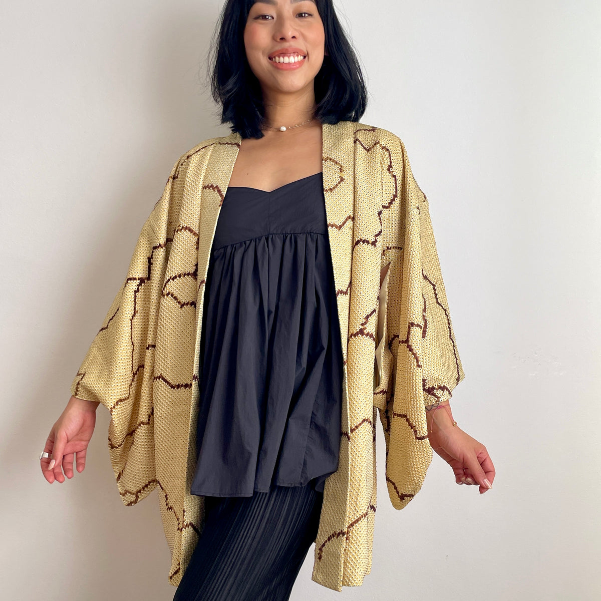 Haori Shibori Yellow with Chocolate Lines in Silk