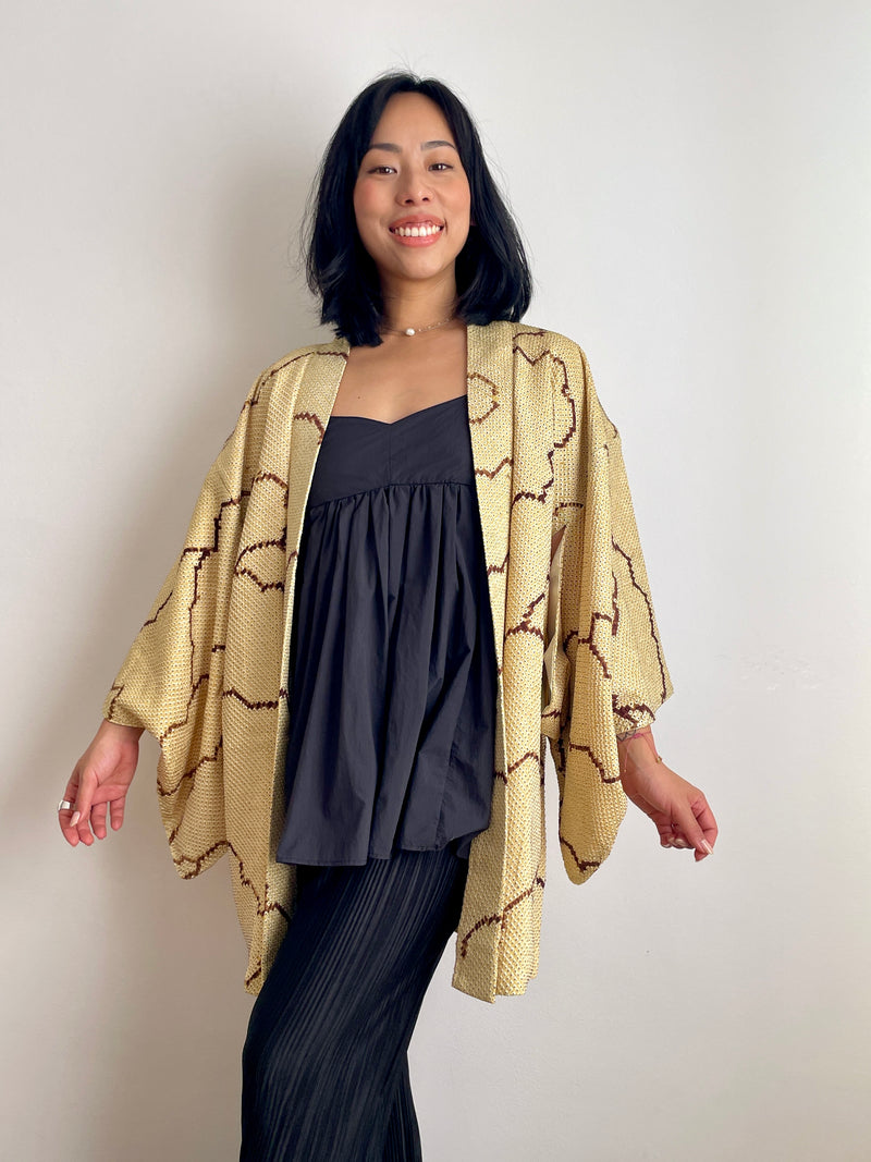 Haori Shibori Yellow with Chocolate Lines in Silk