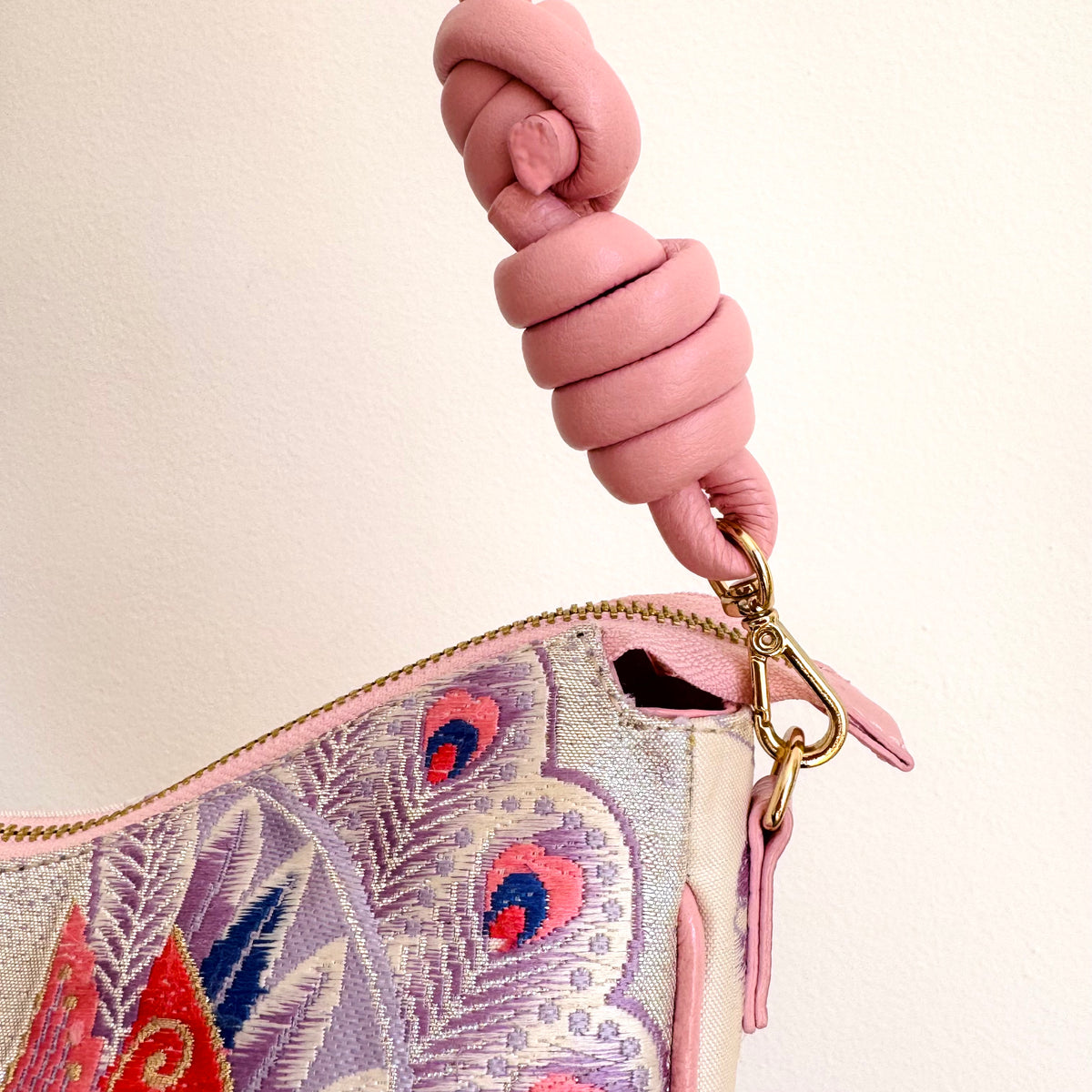 Aiko Bag: Metallic Pink and Blue Peacock and Flowers from Embroidered Obi Sash with Pink Leather Strap