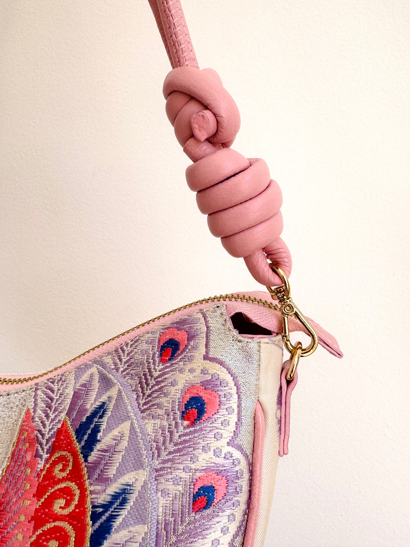 Aiko Bag: Metallic Pink and Blue Peacock and Flowers from Embroidered Obi Sash with Pink Leather Strap