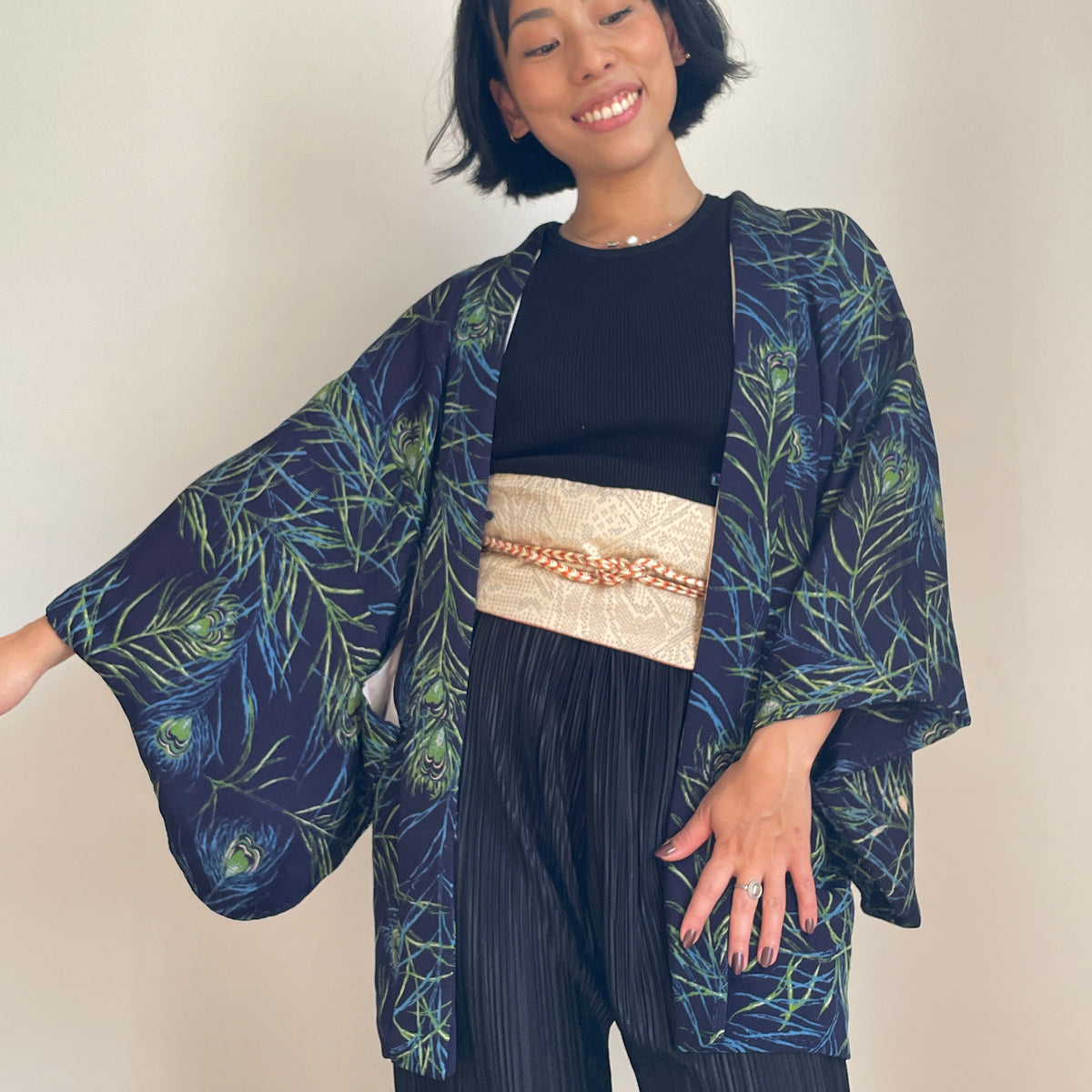 Haori Blue Peacock Feathers