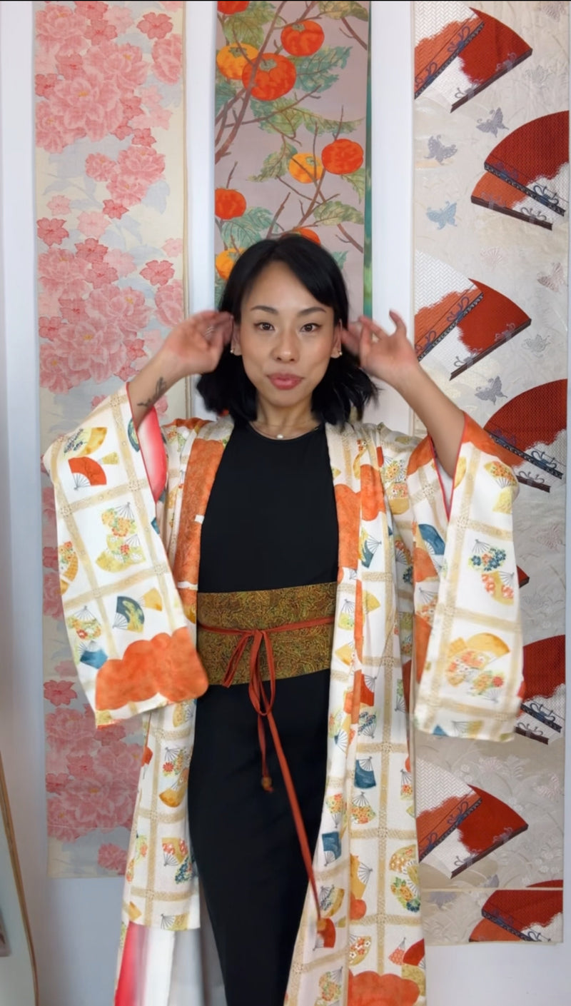 Kimono Japanese Tiles with Fans and Flowers in Silk